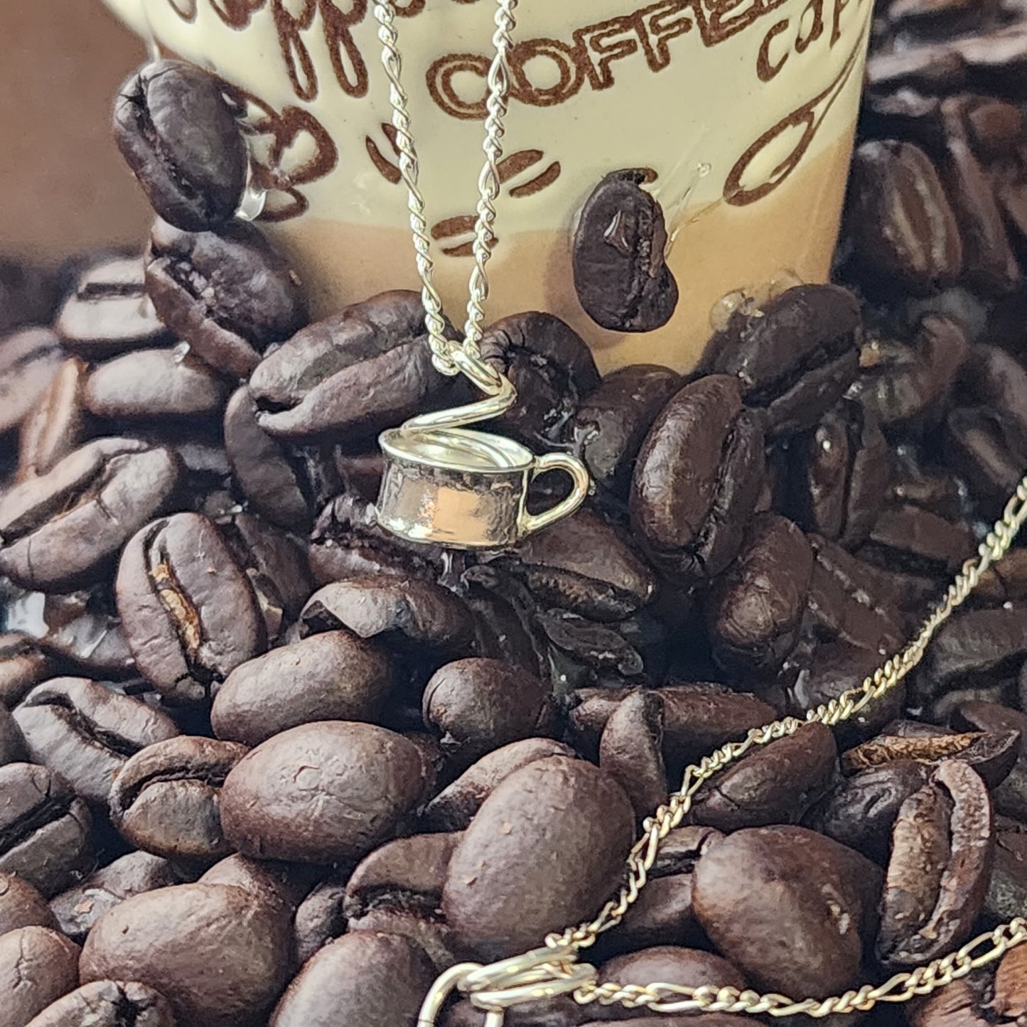 Tiny coffee mug with steam sterling silver necklace