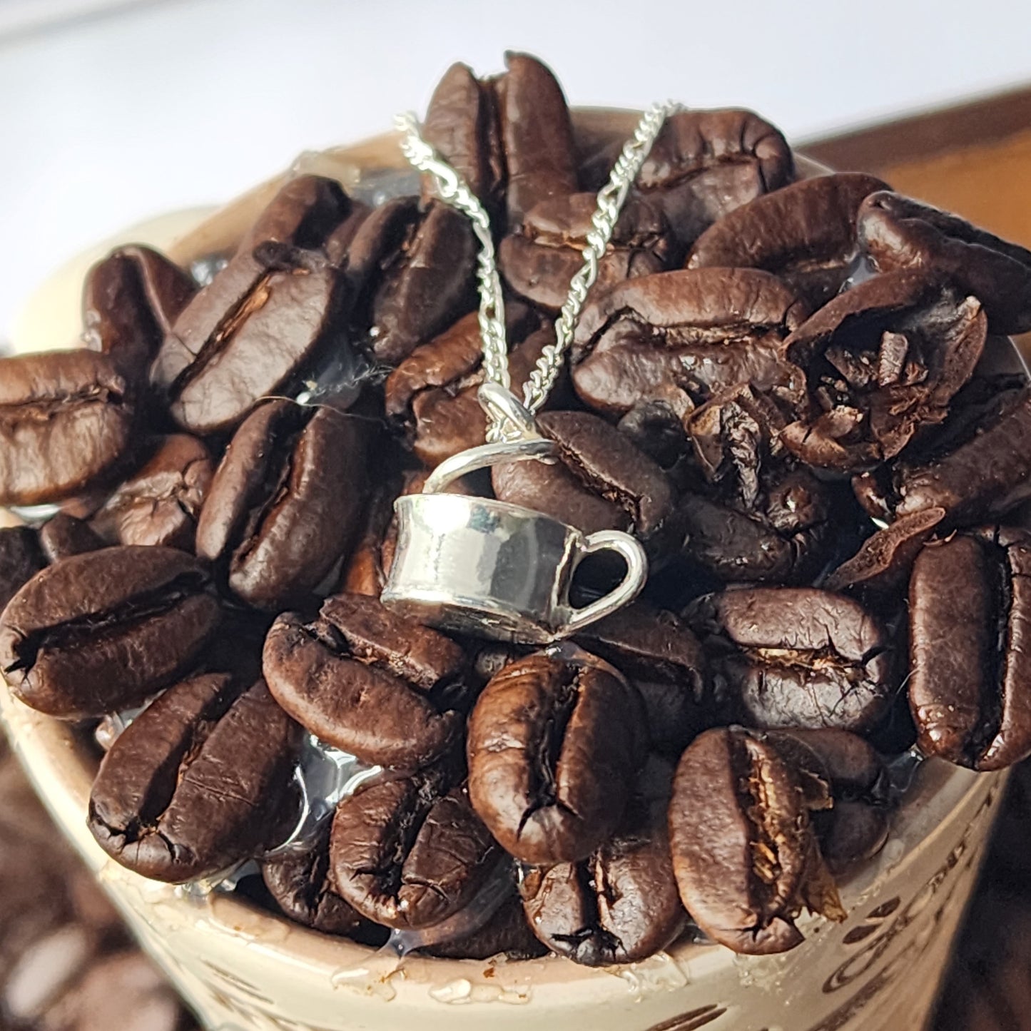 Tiny coffee mug with steam sterling silver necklace