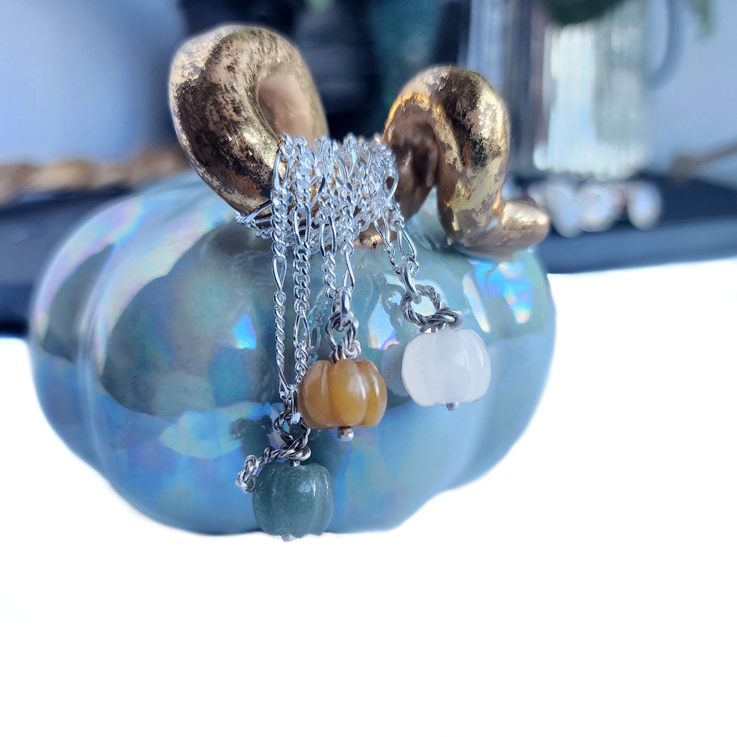 Micro white quartz gemstone sterling silver pumpkin necklace