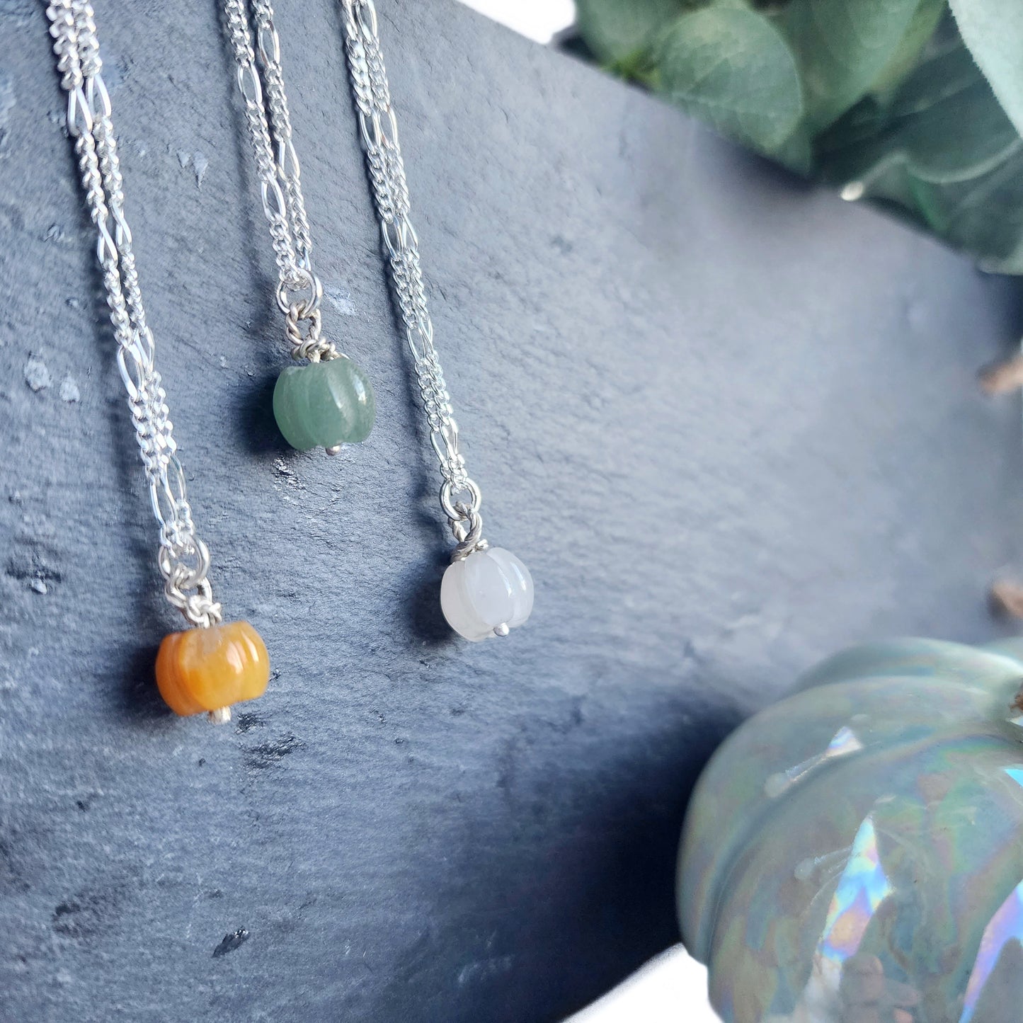 Micro aventurine gemstone sterling silver pumpkin necklace