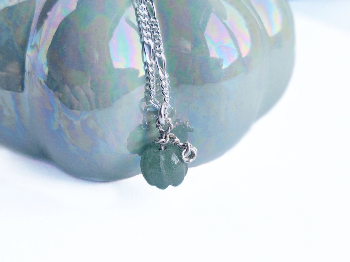 Micro aventurine gemstone sterling silver pumpkin necklace