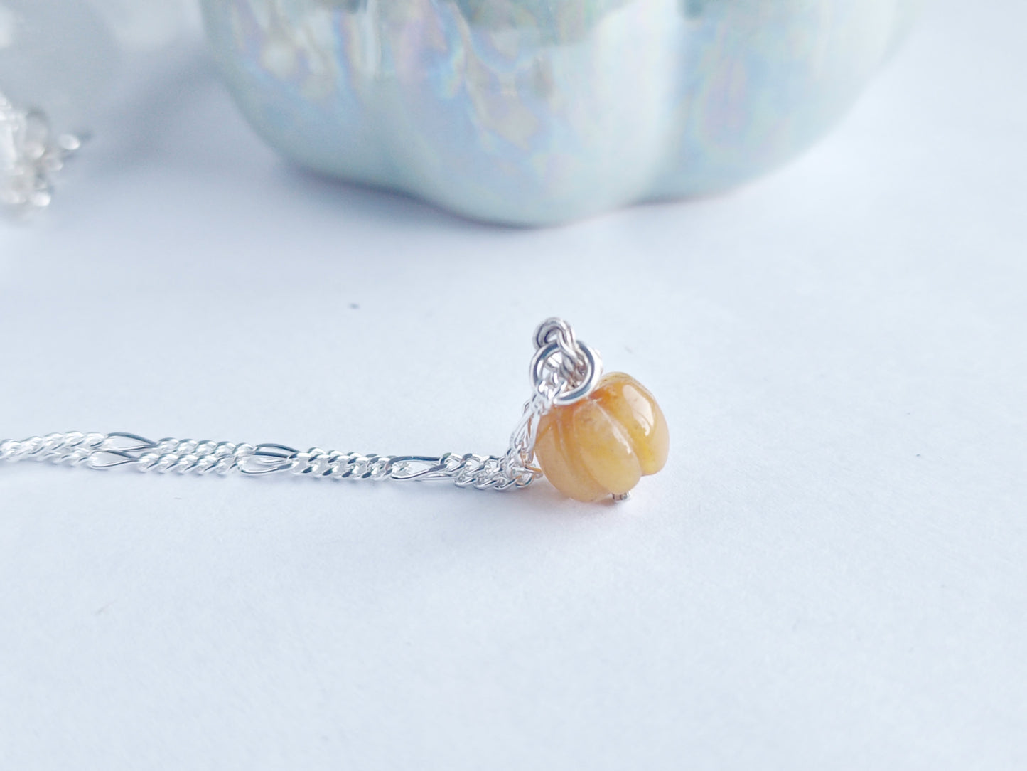 Micro orange jasper gemstone sterling silver pumpkin necklace