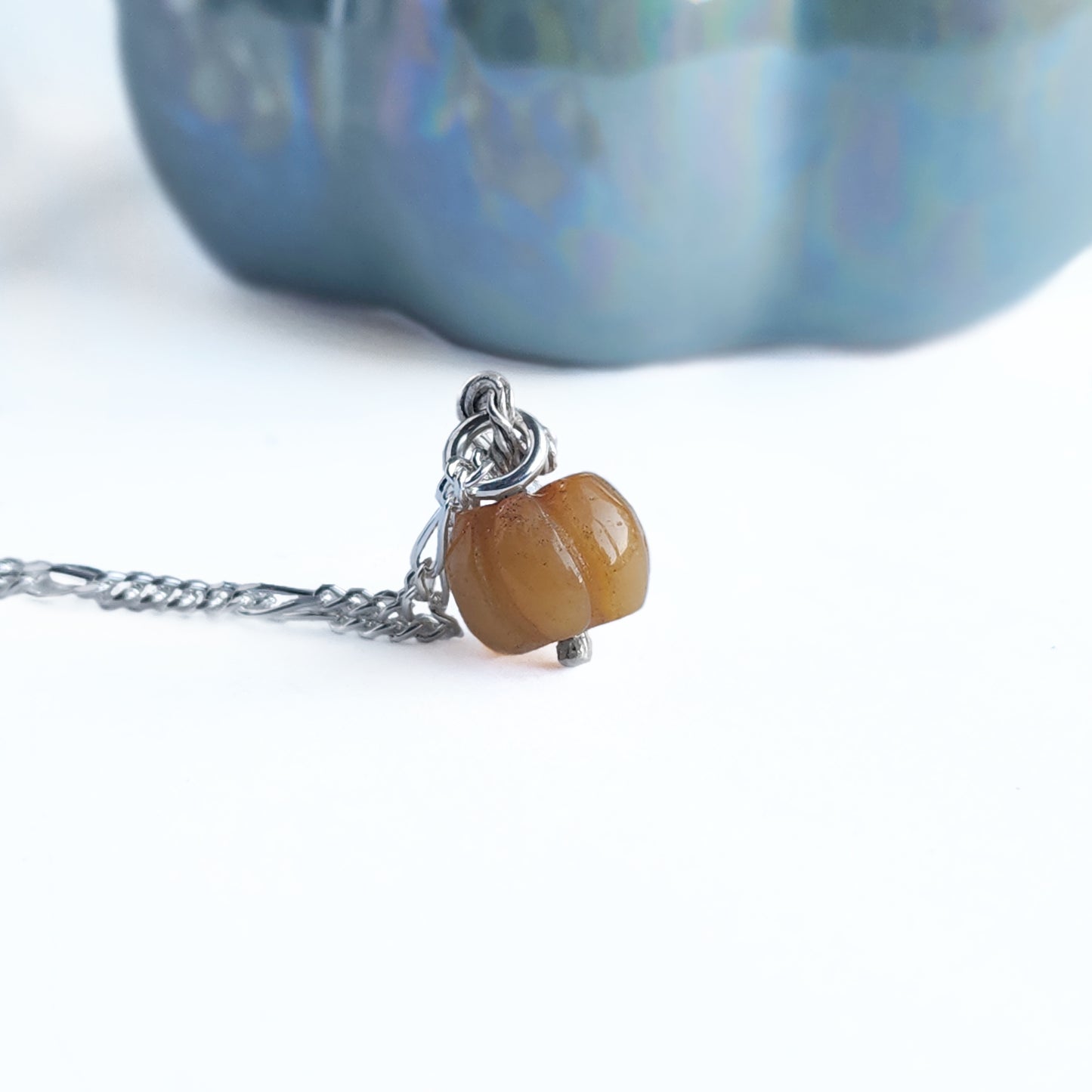 Micro orange jasper gemstone sterling silver pumpkin necklace