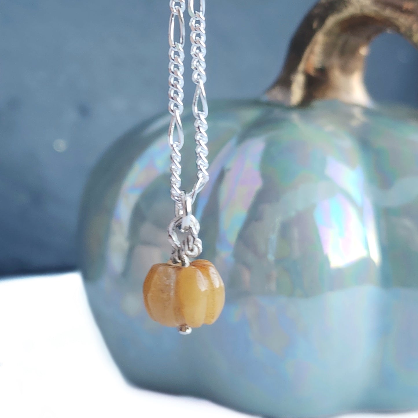 Micro orange jasper gemstone sterling silver pumpkin necklace