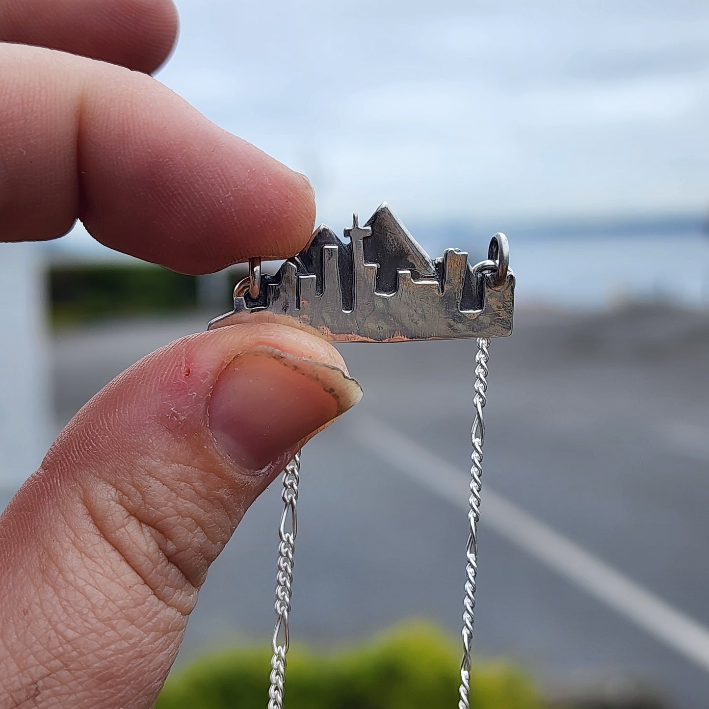 Sterling silver Seattle skyline and mountain necklace