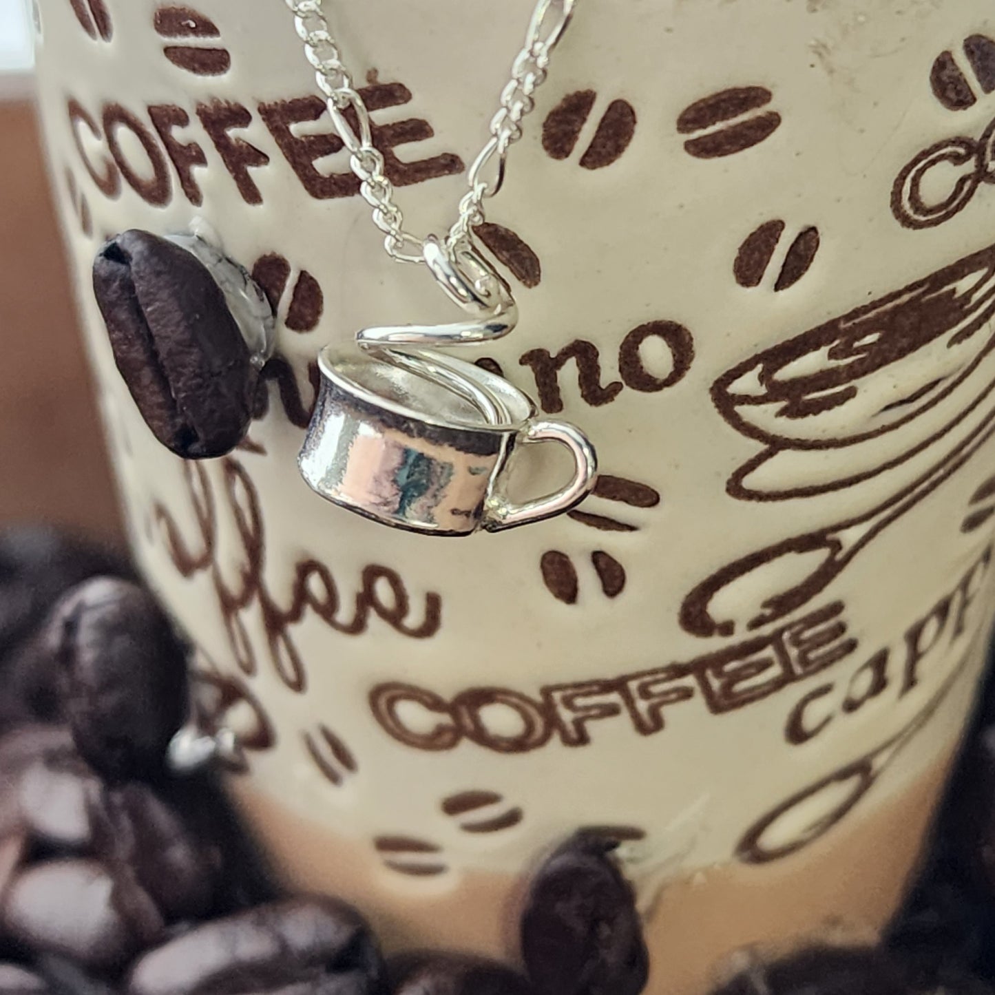 Tiny coffee mug with steam sterling silver necklace