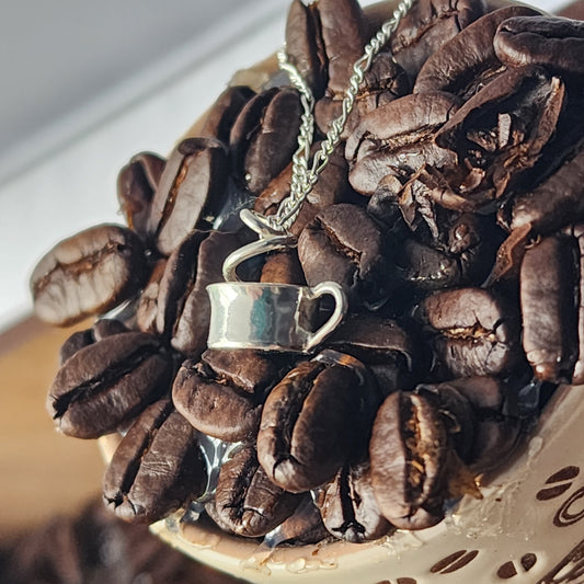 Tiny coffee mug with steam sterling silver necklace