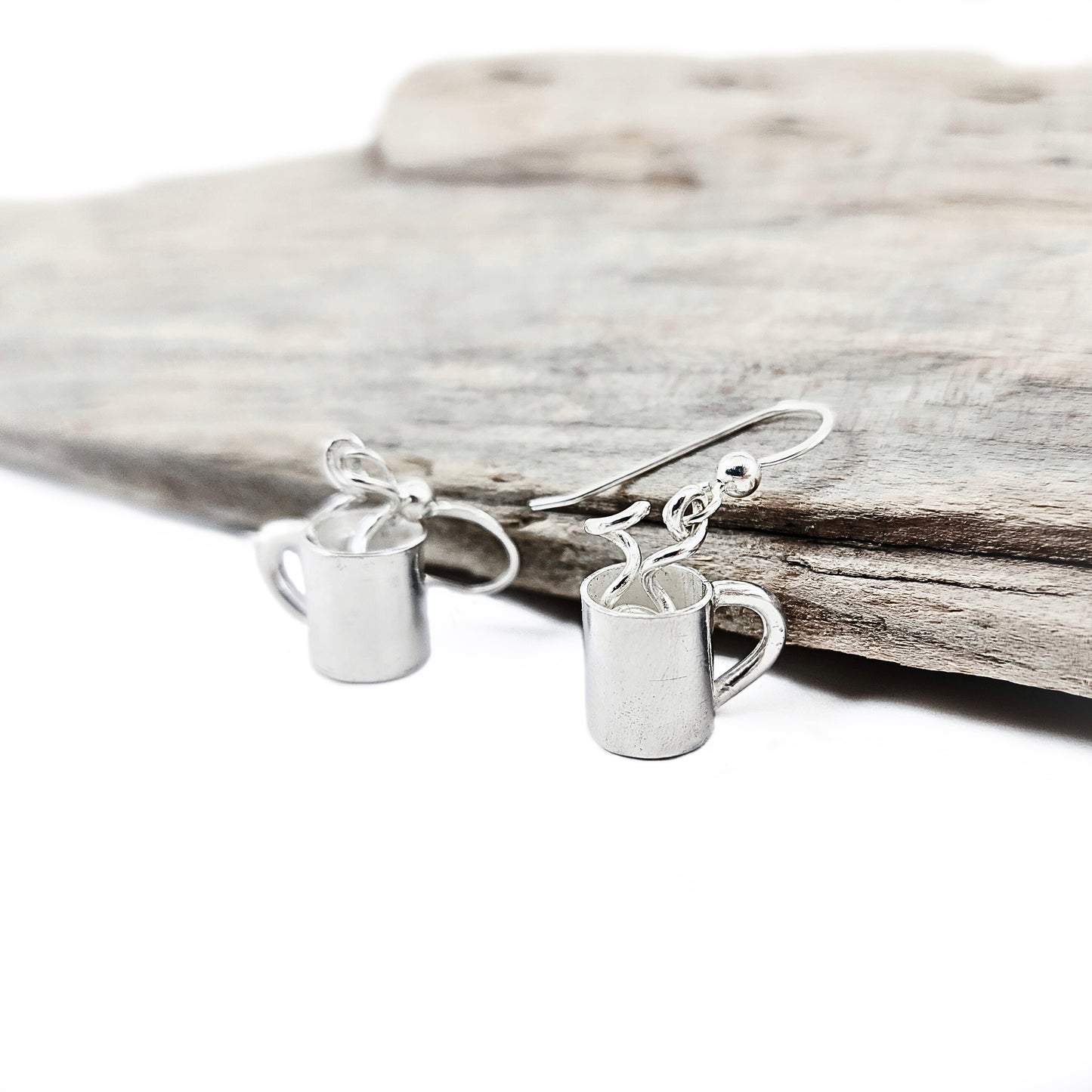 Sterling silver mug with steam dangle earrings