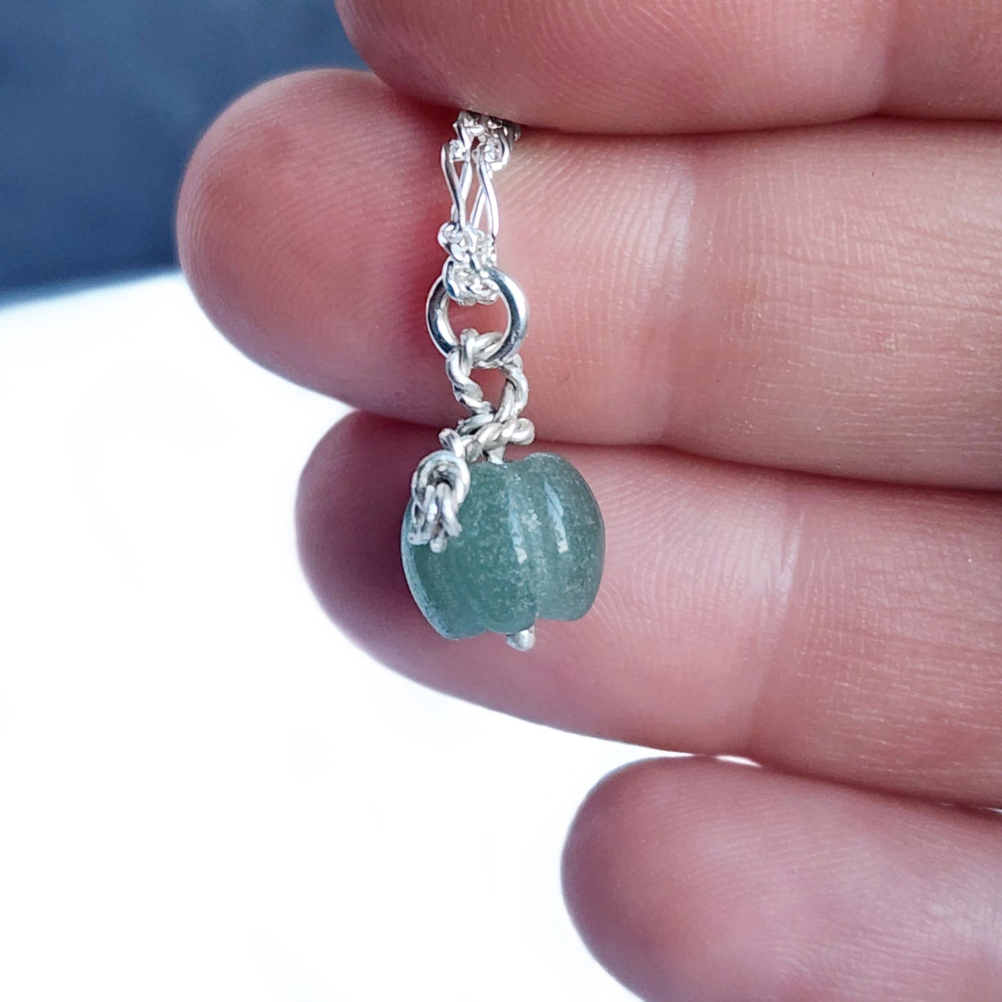 Micro aventurine gemstone sterling silver pumpkin necklace