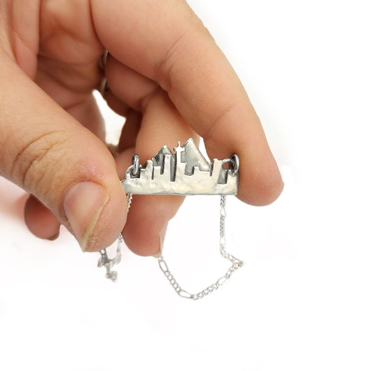 Sterling silver Seattle skyline and mountain necklace