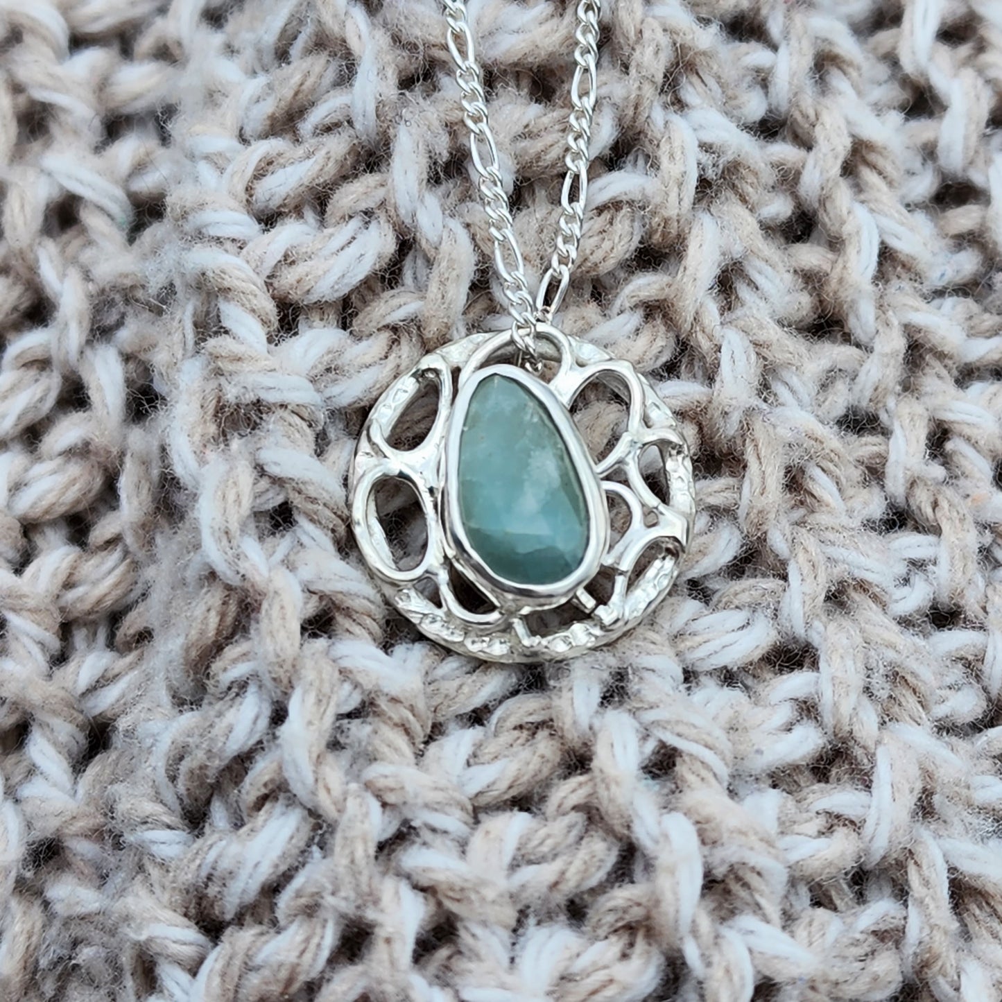 Sterling Silver and aquamarine necklace signature bubbles and lace collection