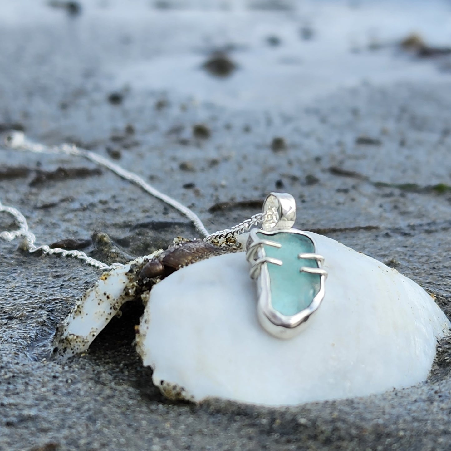 Sterling silver and blue sea glass necklace