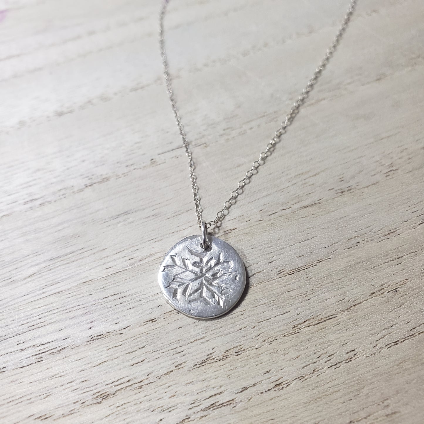 Hand carved organic snowflake fine silver necklace