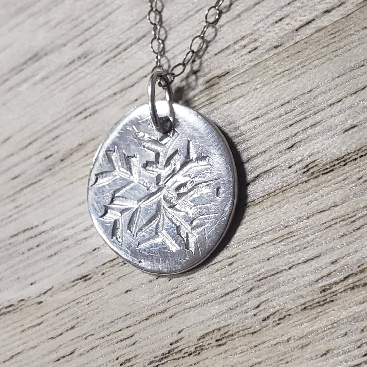 Hand carved organic snowflake fine silver necklace