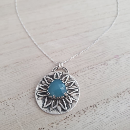 Fine silver Statement sun flower  necklace blue chalcedony onyx