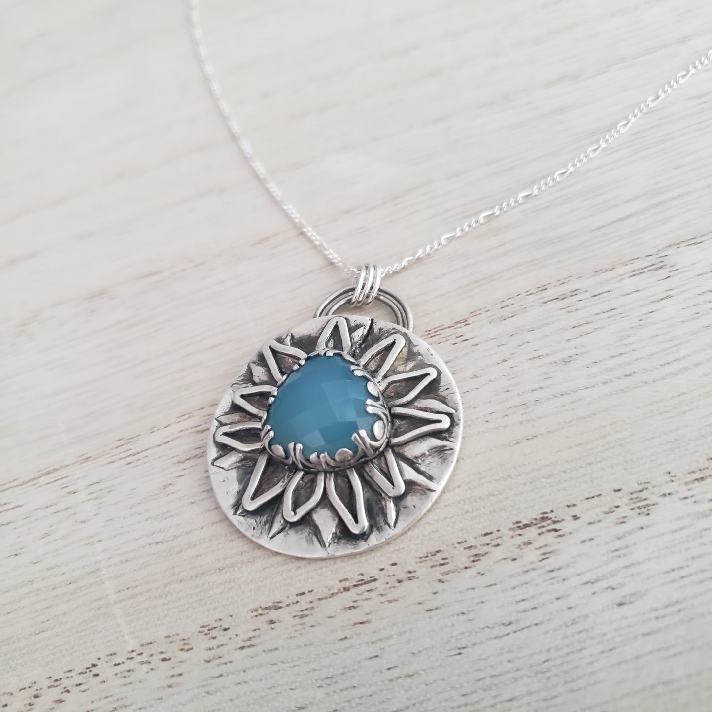 Fine silver Statement sun flower  necklace blue chalcedony onyx