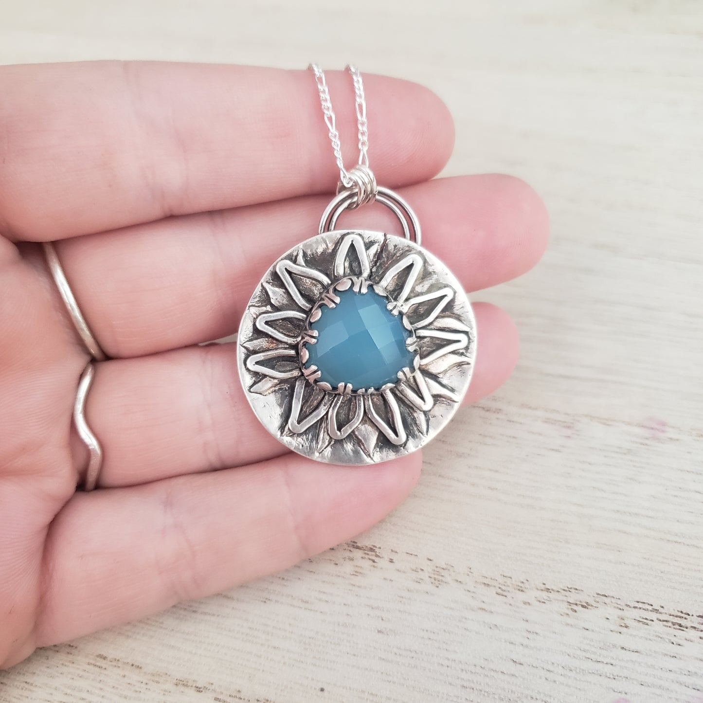 Fine silver Statement sun flower  necklace blue chalcedony onyx