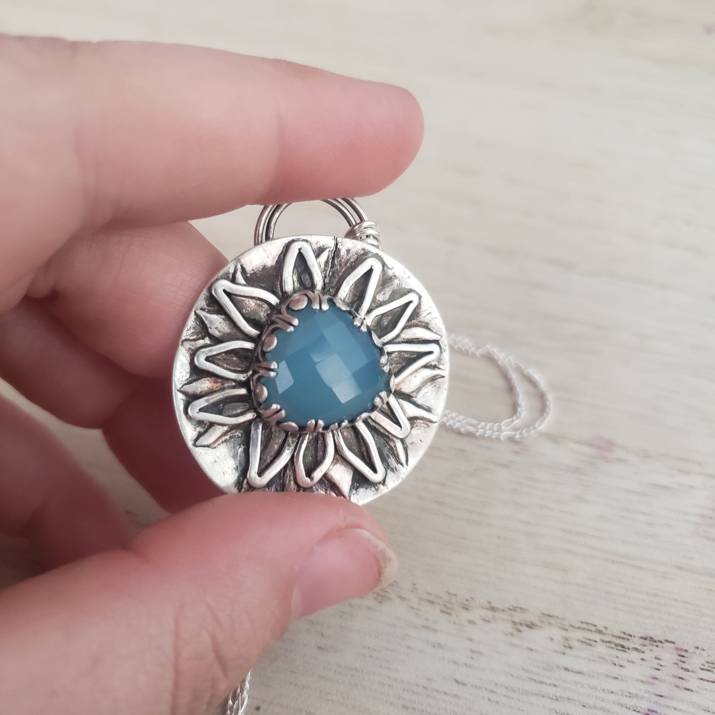 Fine silver Statement sun flower  necklace blue chalcedony onyx