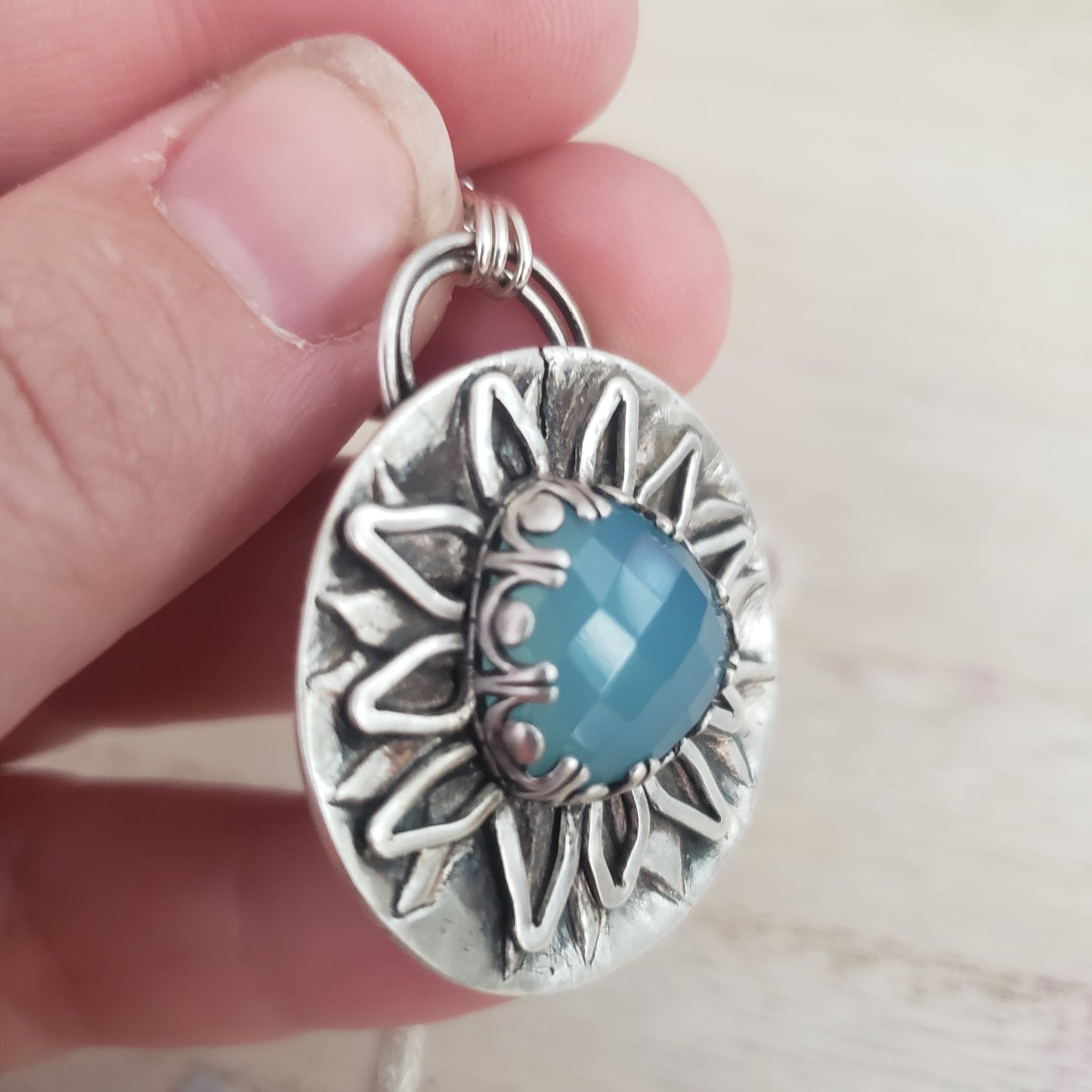 Fine silver Statement sun flower  necklace blue chalcedony onyx