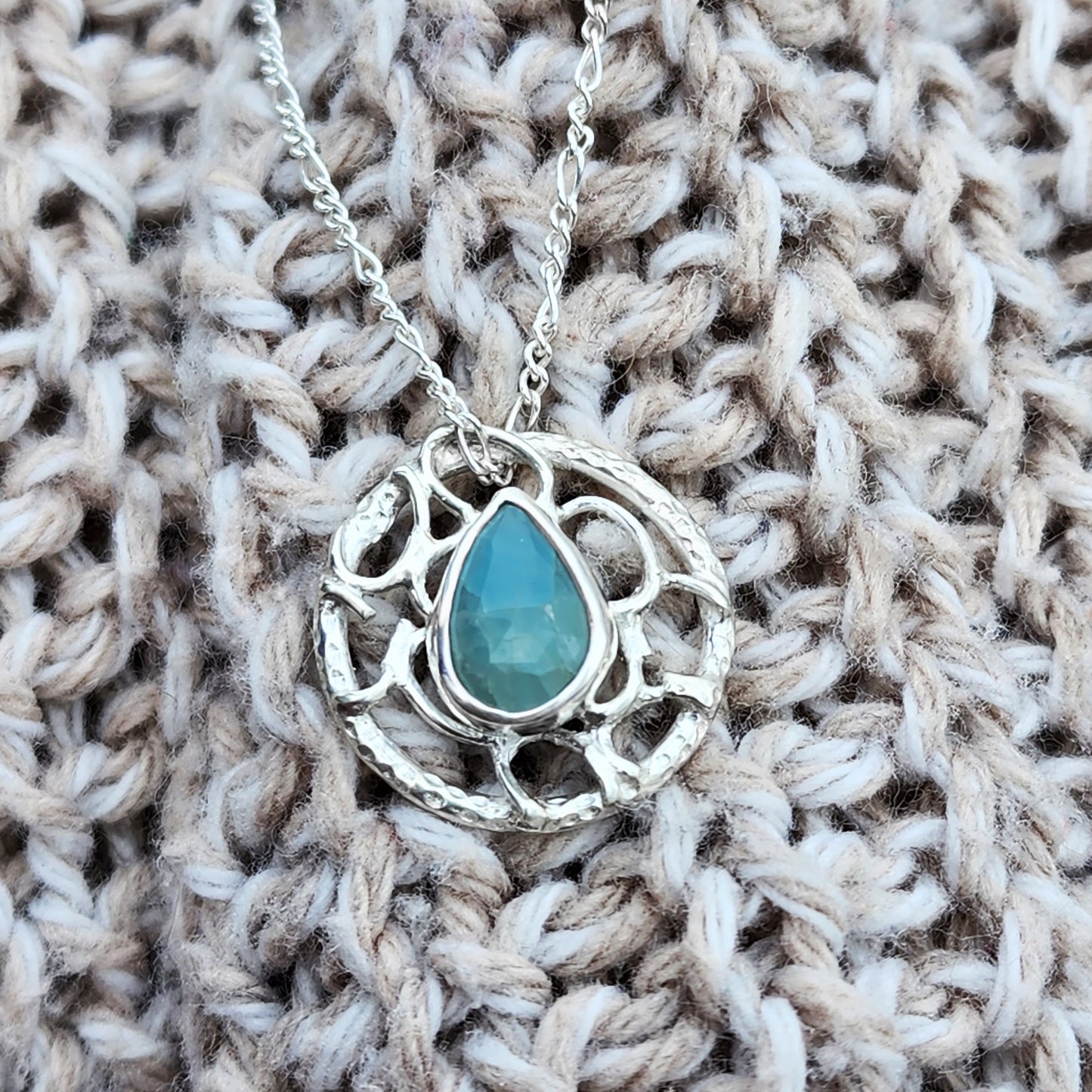 Sterling Silver and aquamarine necklace signature bubbles and lace collection