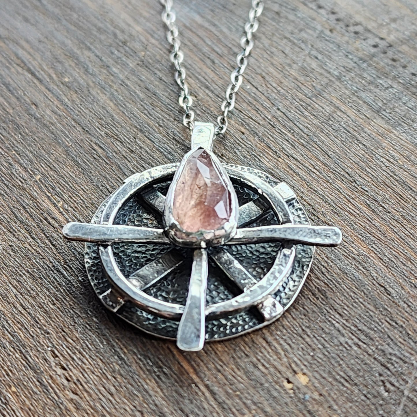 Compass style necklace with pink tourmaline arrow gemstone