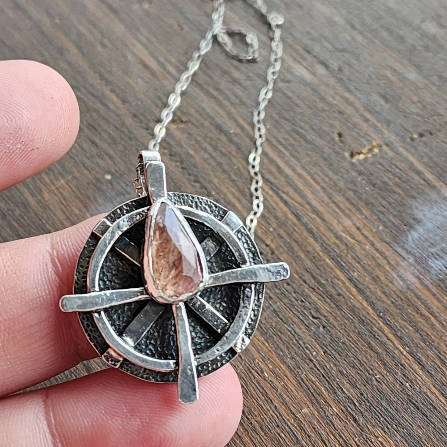 Compass style necklace with pink tourmaline arrow gemstone