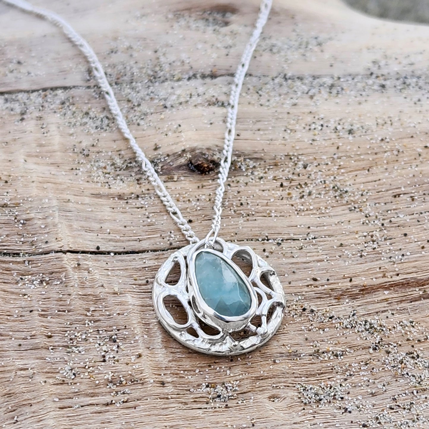 Sterling Silver and aquamarine necklace signature bubbles and lace collection