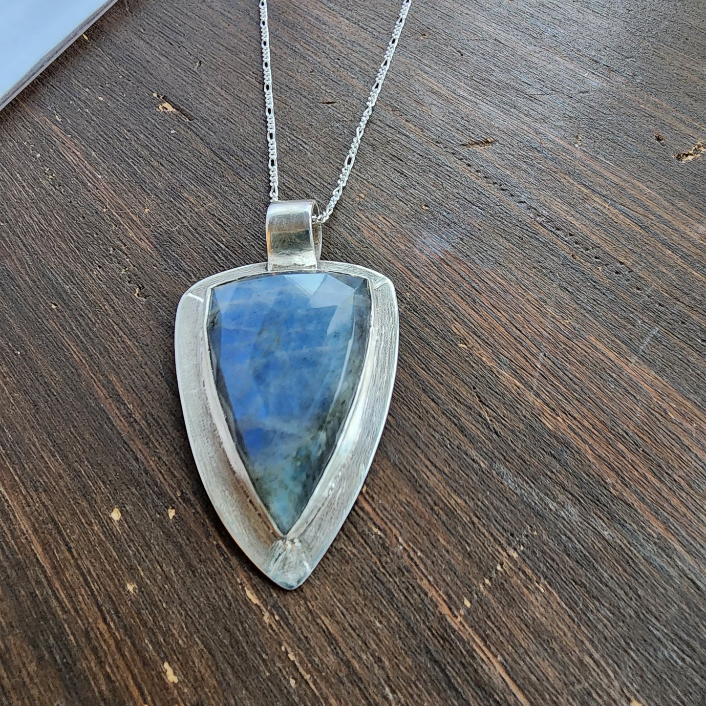 Large labradorite arrow sterling silver necklace with moon cut out