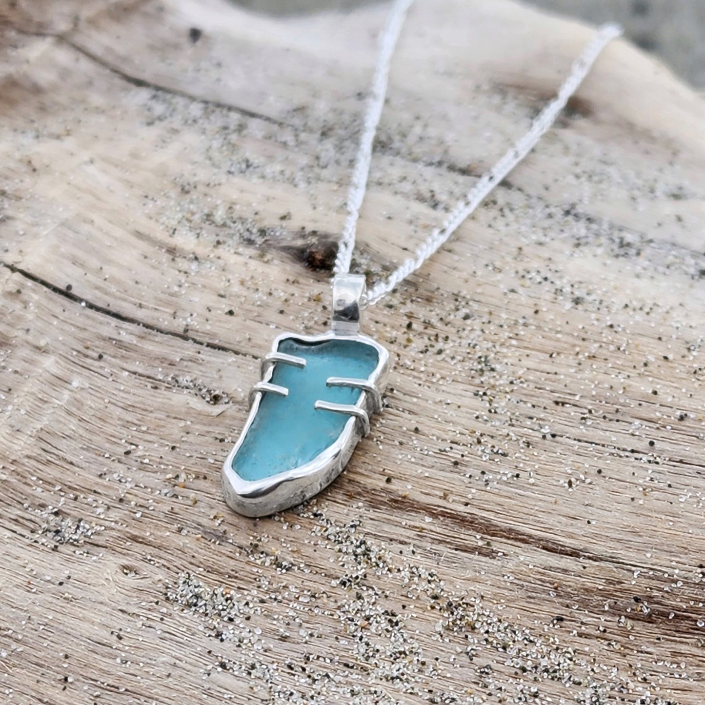 Sterling silver and blue sea glass necklace