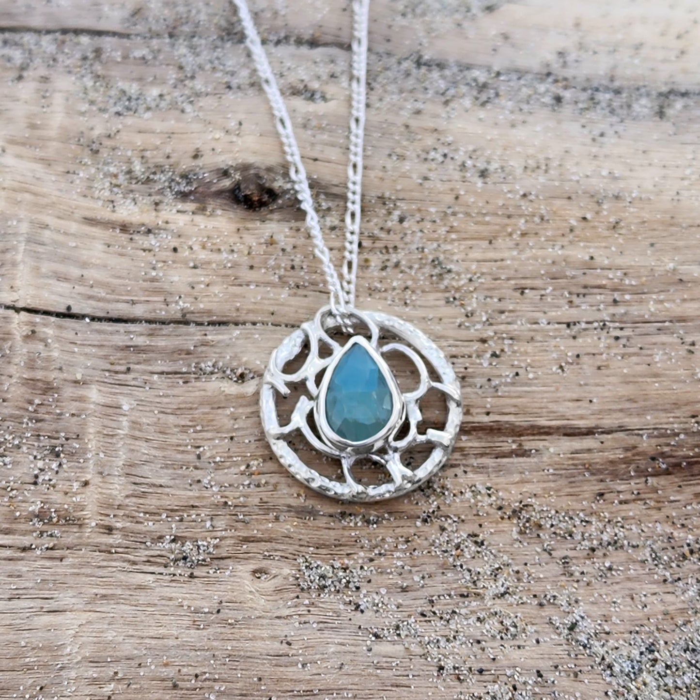 Sterling Silver and aquamarine necklace signature bubbles and lace collection