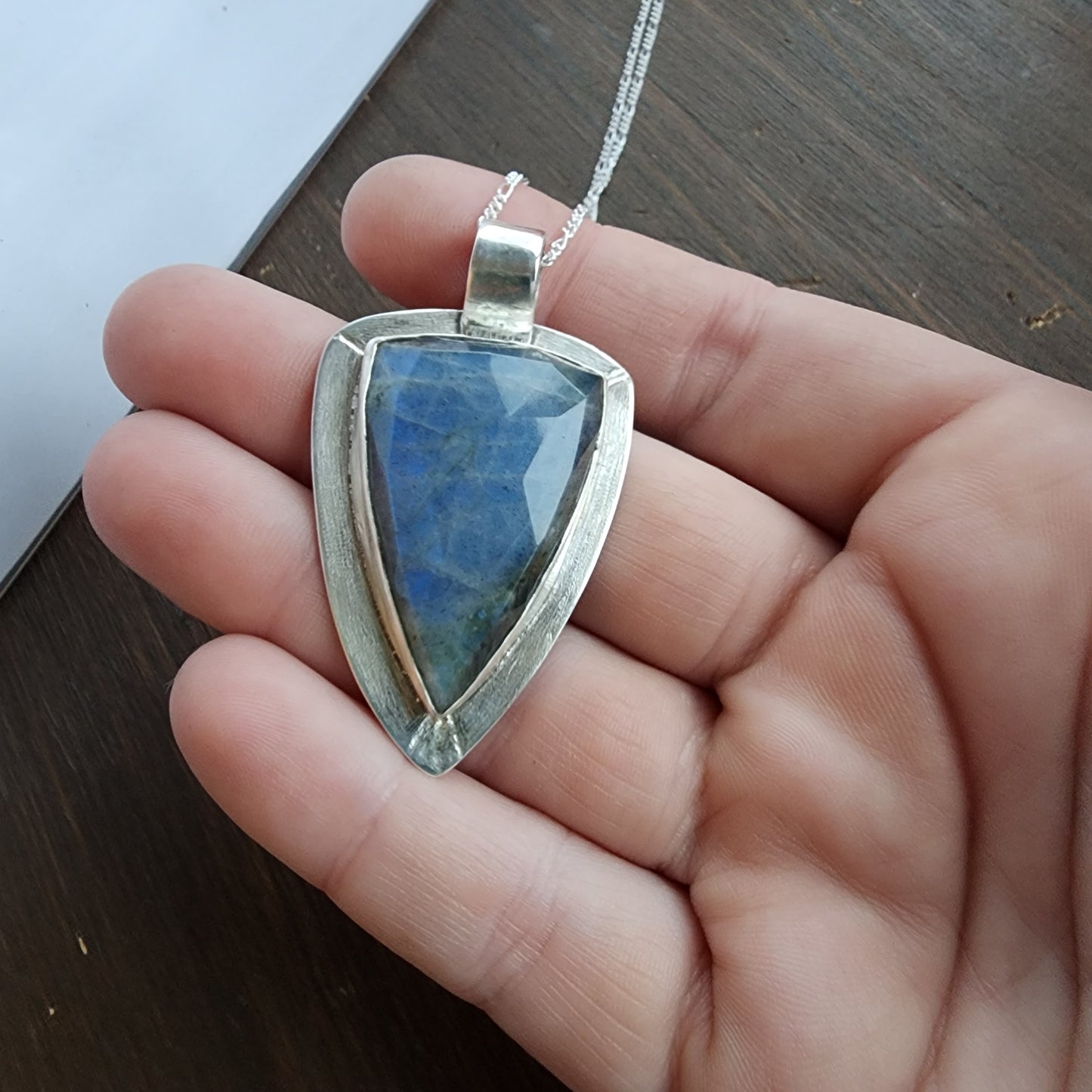 Large labradorite arrow sterling silver necklace with moon cut out