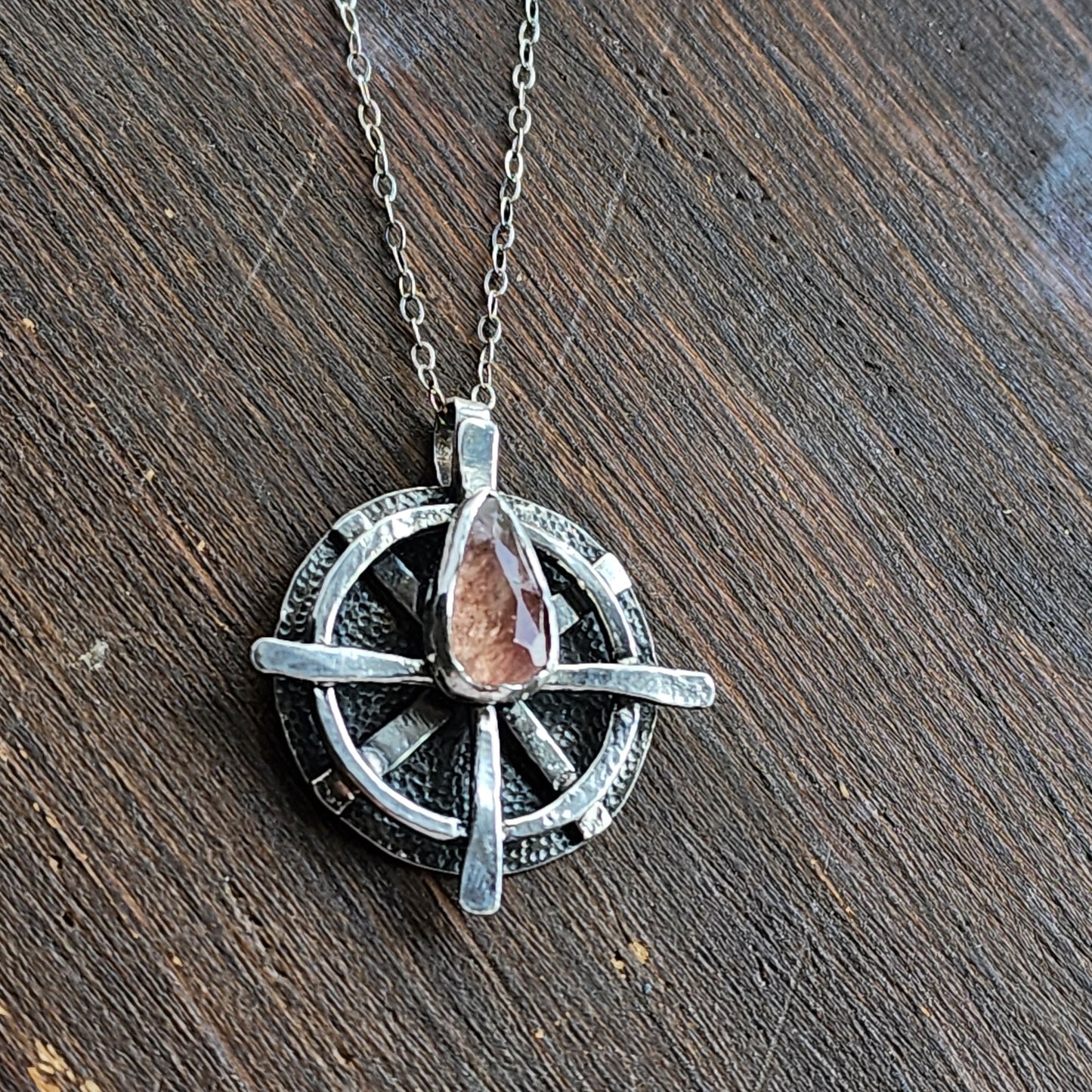 Compass style necklace with pink tourmaline arrow gemstone