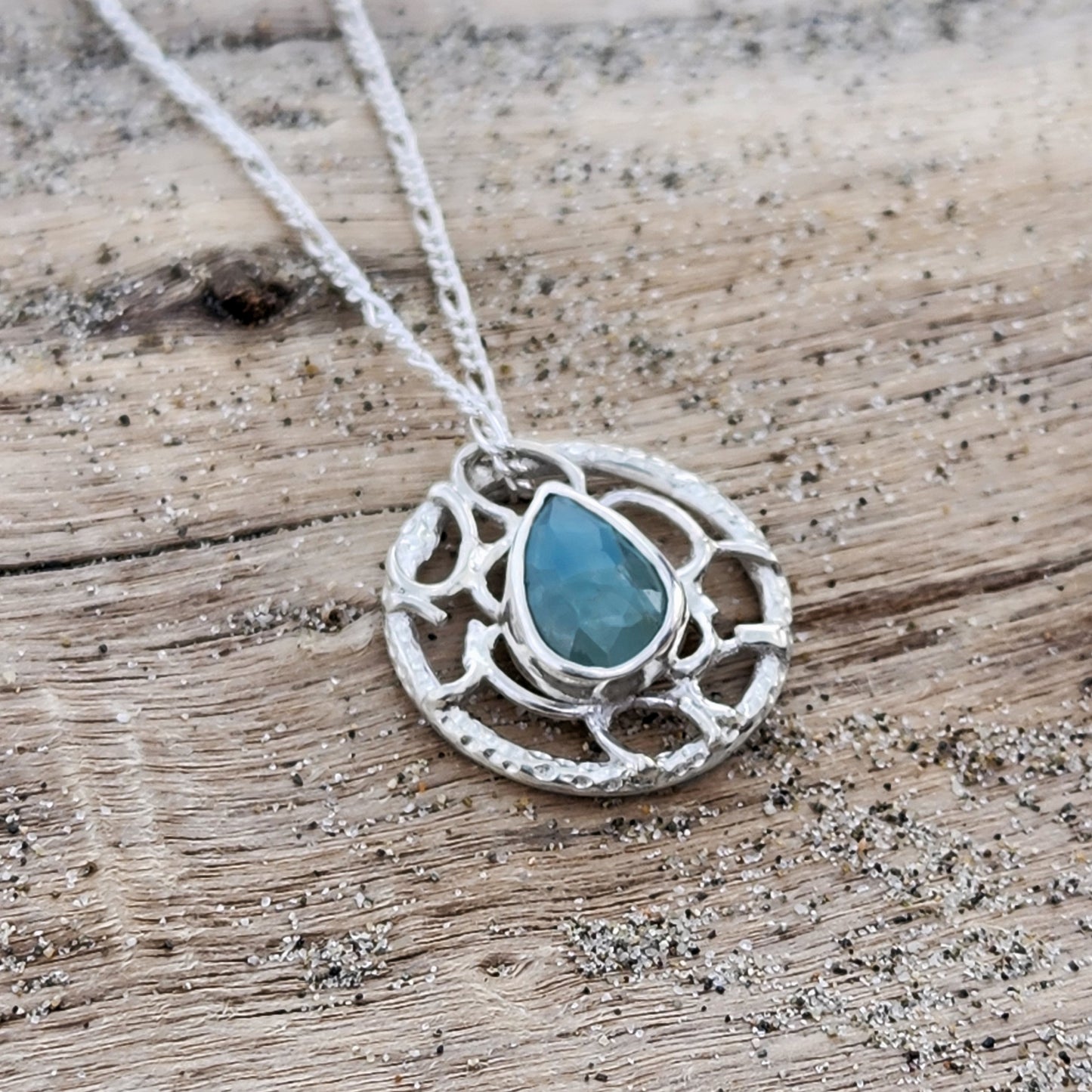 Sterling Silver and aquamarine necklace signature bubbles and lace collection