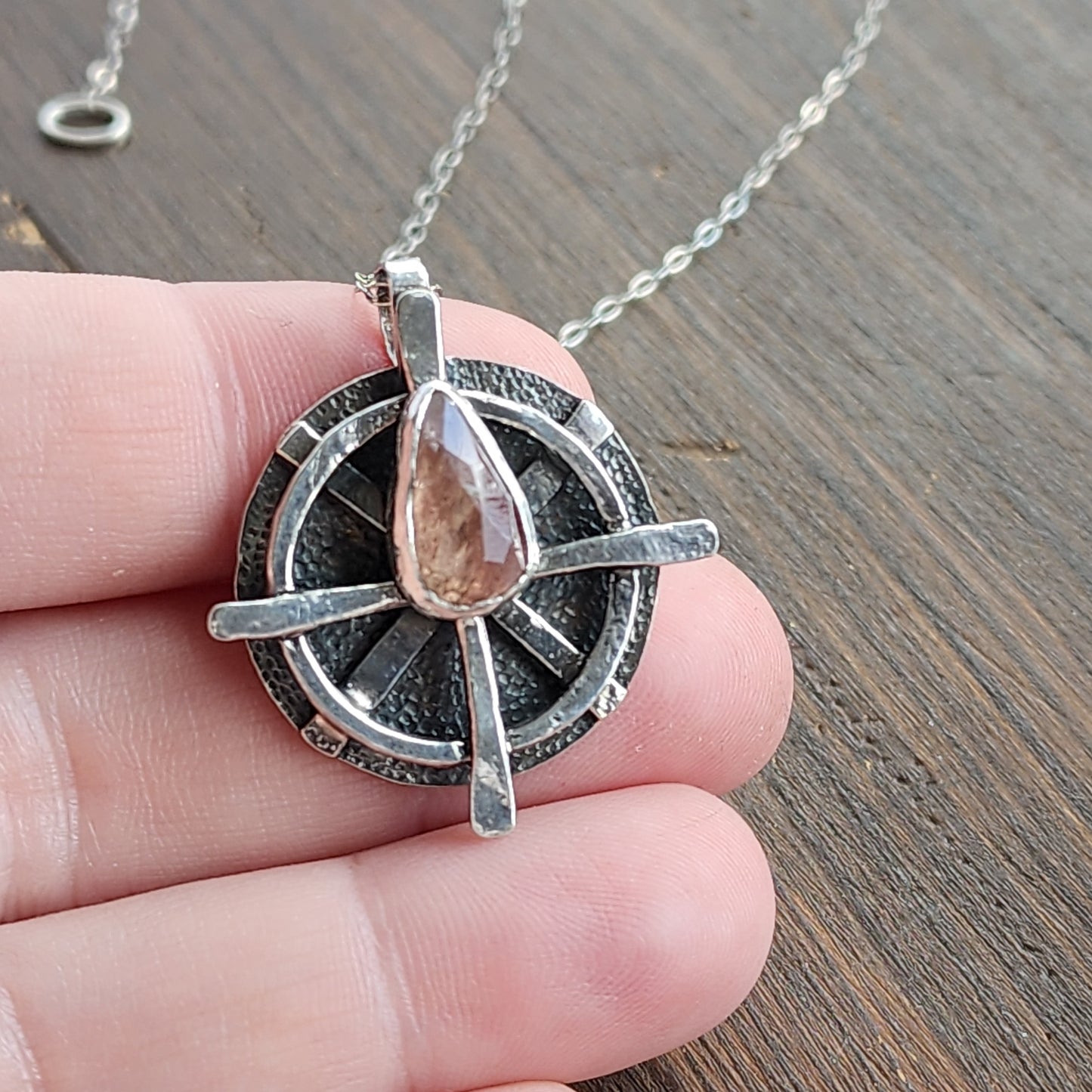 Compass style necklace with pink tourmaline arrow gemstone