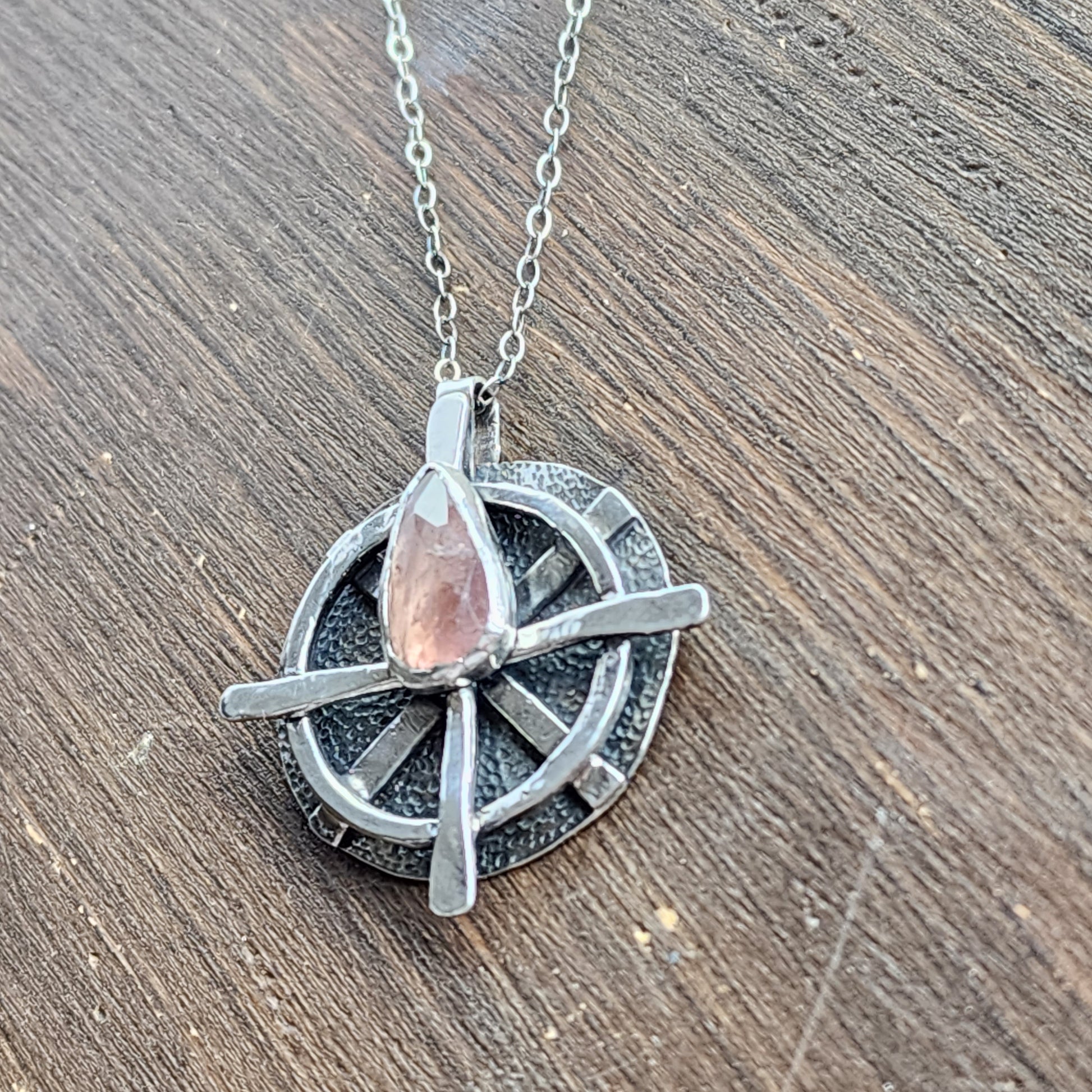 Sterling silver compass necklace on chain with pink tourmaline arrow shape gemstone