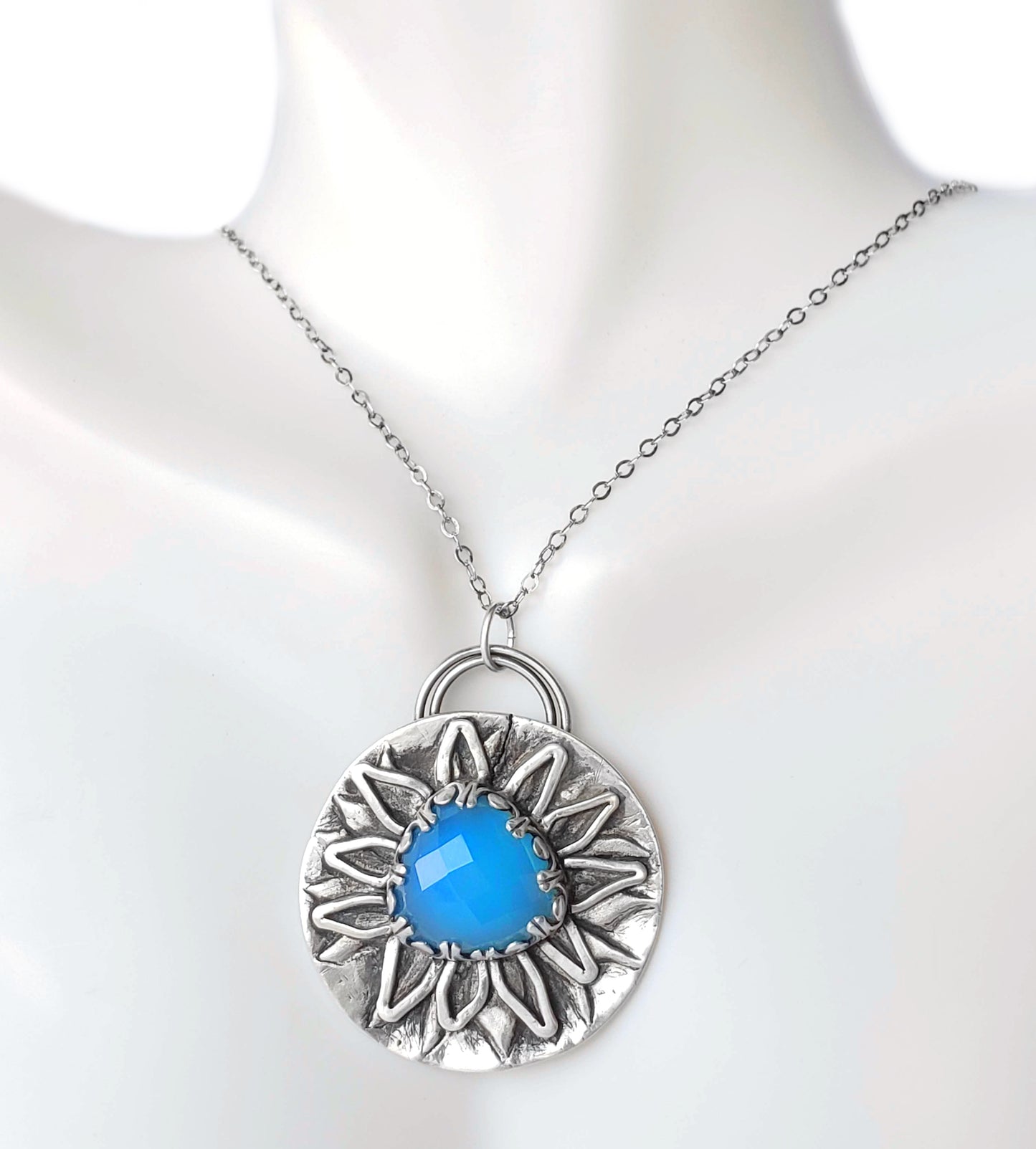 Fine silver Statement sun flower  necklace blue chalcedony onyx